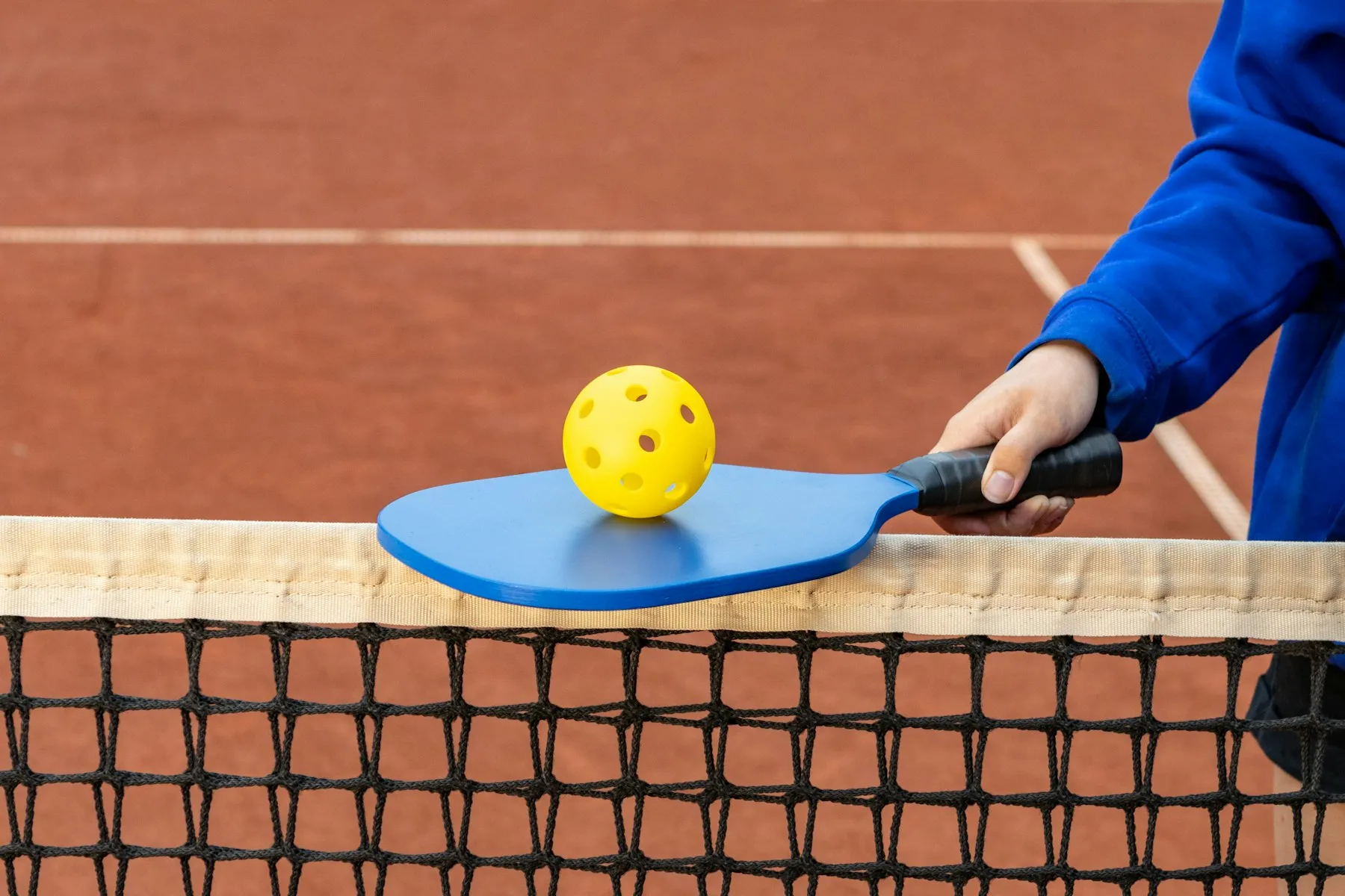 Pickleball paddle and ball on the court